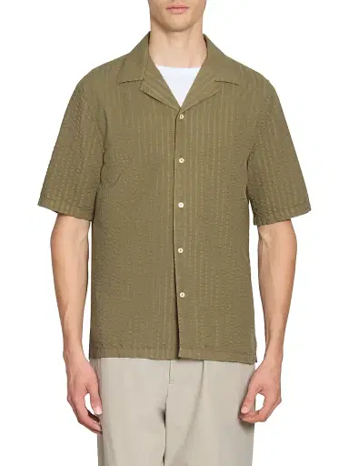 OFFICINE GÉNÉRALE Men's Eren Seersucker Short-Sleeve Shirt - Burnt Olive - Size XL | Thumbnail 3