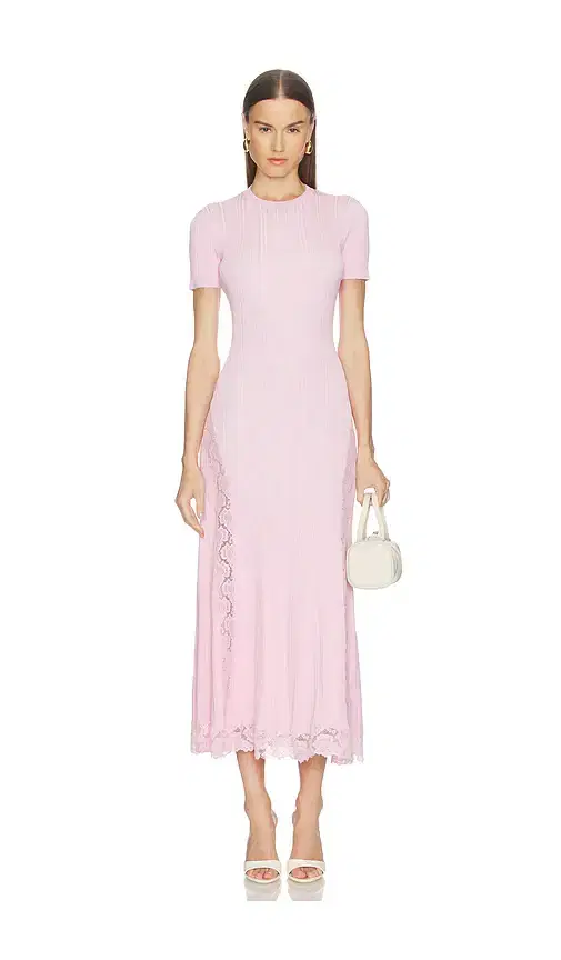 self-portrait Pink Knit Lace Insert Midi Dress
