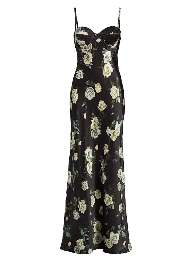 Women's Sayla Floral Silk Maxi Dress - Black  Romantic Rose