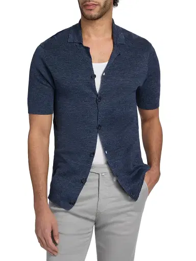Saks Fifth Avenue Men's Heathered Linen Camp Shirt - Navy - Size XXL | Thumbnail 3