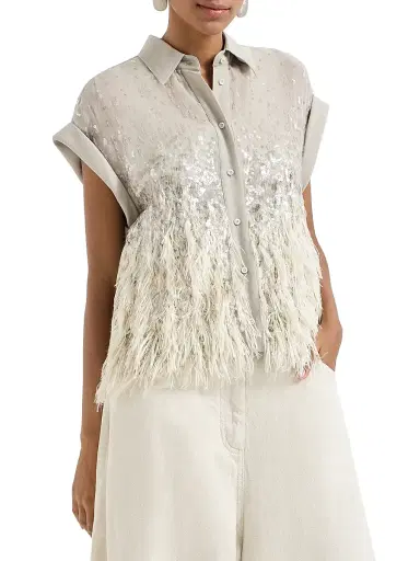 Brunello Cucinelli Women's Dazzling Dégradé Shirt in Crispy Silk with Fil Coupé | Thumbnail 2 Brunello Cucinelli Women's Dazzling Dégradé Shirt in Crispy Silk with Fil Coupé | Thumbnail 2