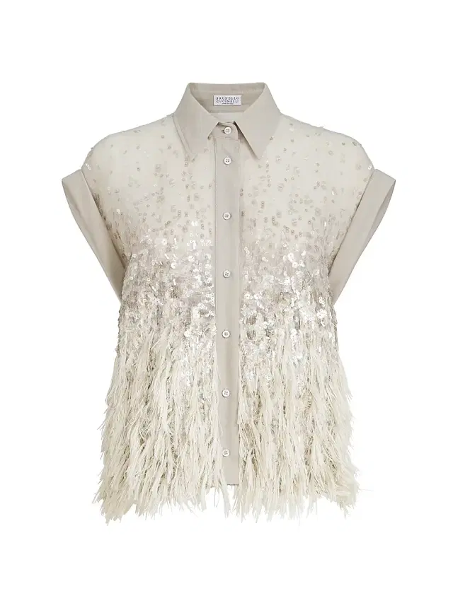 Brunello Cucinelli Women's Dazzling Dégradé Shirt in Crispy Silk with Fil Coupé - Silver