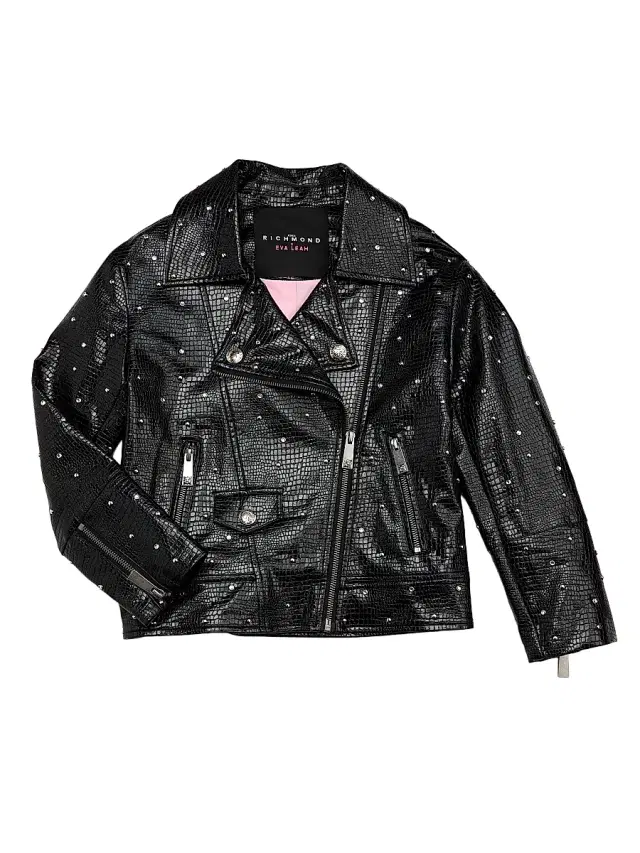 John Richmond x Eva Leah Little Girl's & Girl's Embellished Croc-Embossed Biker Jacket - Black