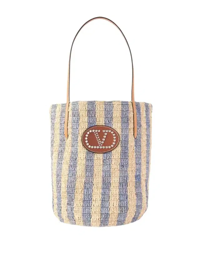 Vlogo Signature Small Embellished Leather-trimmed Striped Raffia Bucket Bag