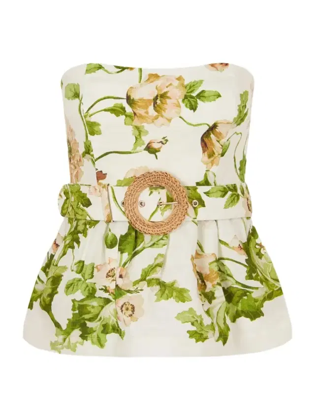 Tilda Strapless Belted Peplum Floral-print Linen Top