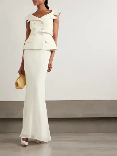 Self-Portrait Off-the-shoulder Belted Metallic Bouclé And Crepe Maxi Dress | Thumbnail 2 Self-Portrait Off-the-shoulder Belted Metallic Bouclé And Crepe Maxi Dress | Thumbnail 2