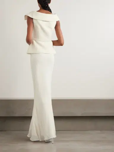 Self-Portrait Off-the-shoulder Belted Metallic Bouclé And Crepe Maxi Dress | Thumbnail 3 Self-Portrait Off-the-shoulder Belted Metallic Bouclé And Crepe Maxi Dress | Thumbnail 3