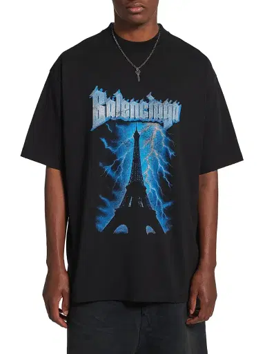 Balenciaga Men's Paris Thunderstorm Oversized T-Shirt - Black - Size XL | Thumbnail 2