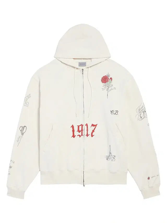 Men's Tattoo Oversized Zip-Up Hoodie - Cream
