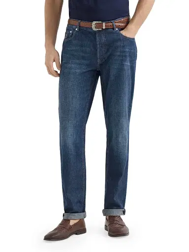Brunello Cucinelli Men's Lightweight Old Denim Traditional Fit Five Pocket Jeans - Dark Denim - Size 50 | Thumbnail 2