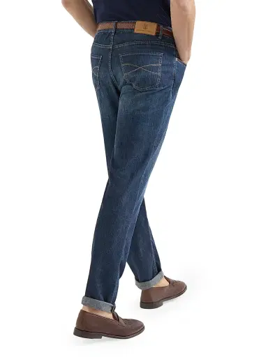 Brunello Cucinelli Men's Lightweight Old Denim Traditional Fit Five Pocket Jeans - Dark Denim - Size 50 | Thumbnail 4