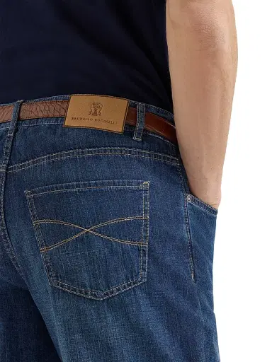 Brunello Cucinelli Men's Lightweight Old Denim Traditional Fit Five Pocket Jeans - Dark Denim - Size 50 | Thumbnail 5