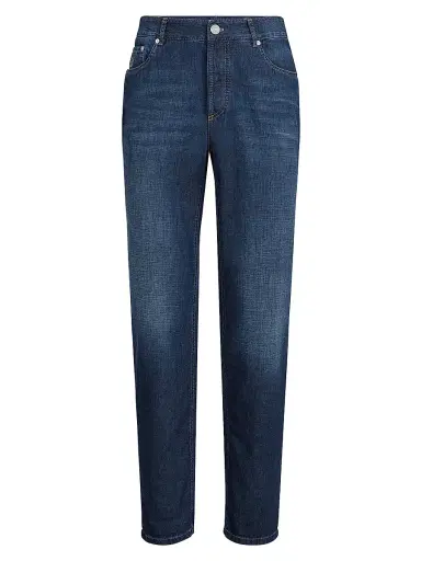 Brunello Cucinelli Men's Lightweight Old Denim Traditional Fit Five Pocket Jeans - Dark Denim - Size 50 | Thumbnail 1