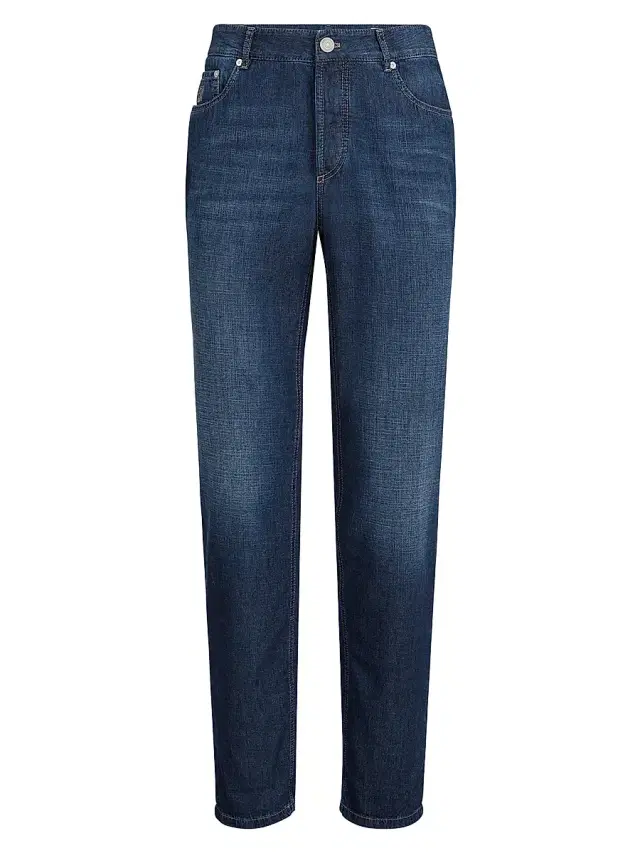 Brunello Cucinelli Men's Lightweight Old Denim Traditional Fit Five Pocket Jeans - Dark Denim
