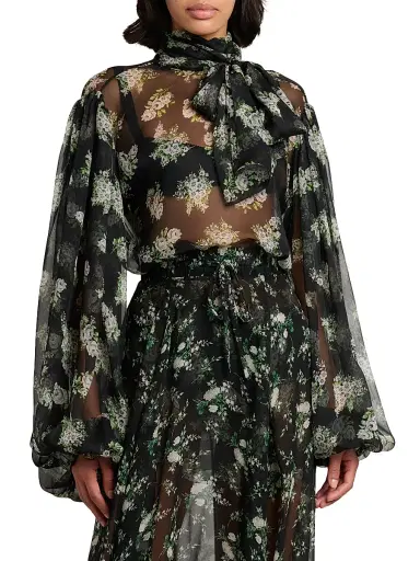 Dolce & Gabbana Women's Rose Bouquet Silk Chiffon Tieneck Blouse - Bouq Fiorel Bco Fner - Size 14 | Thumbnail 3