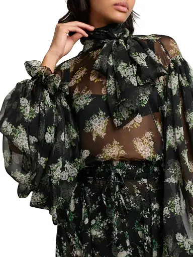Dolce & Gabbana Women's Rose Bouquet Silk Chiffon Tieneck Blouse - Bouq Fiorel Bco Fner - Size 14 | Thumbnail 6
