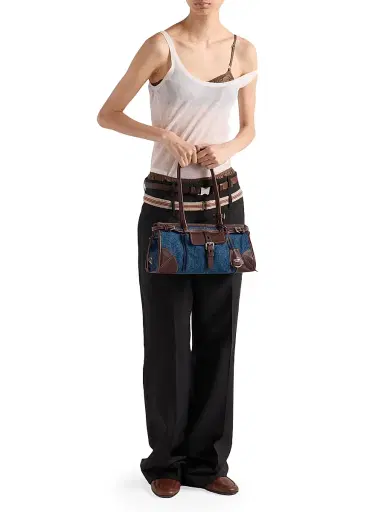 Prada Women's Bonnie Medium Denim and Leather Top Handle Bag - Blue | Thumbnail 2 Prada Women's Bonnie Medium Denim and Leather Top Handle Bag - Blue | Thumbnail 2