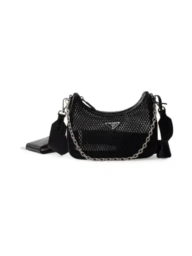 Prada Women's Re-Edition 2005 Mesh and Brushed Leather Shoulder Bag - Black | Thumbnail 1 Prada Women's Re-Edition 2005 Mesh and Brushed Leather Shoulder Bag - Black | Thumbnail 1