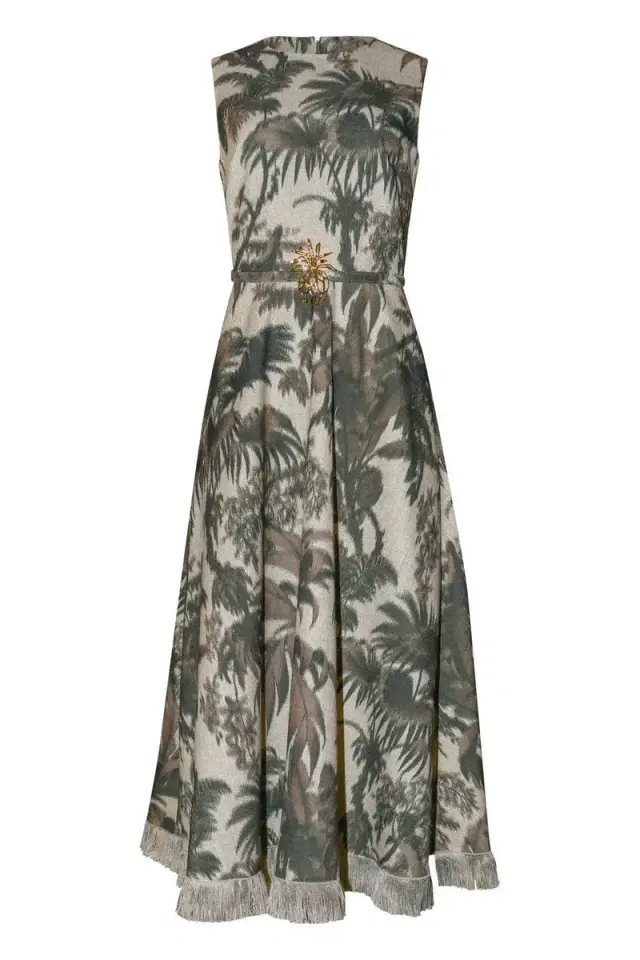 Oscar de la Renta Large Chine Palm Leaves Midi Dress