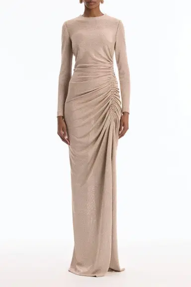 Oscar de la Renta Long Sleeve Draped Metallic Gown | Thumbnail 3
