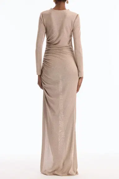 Oscar de la Renta Long Sleeve Draped Metallic Gown | Thumbnail 6