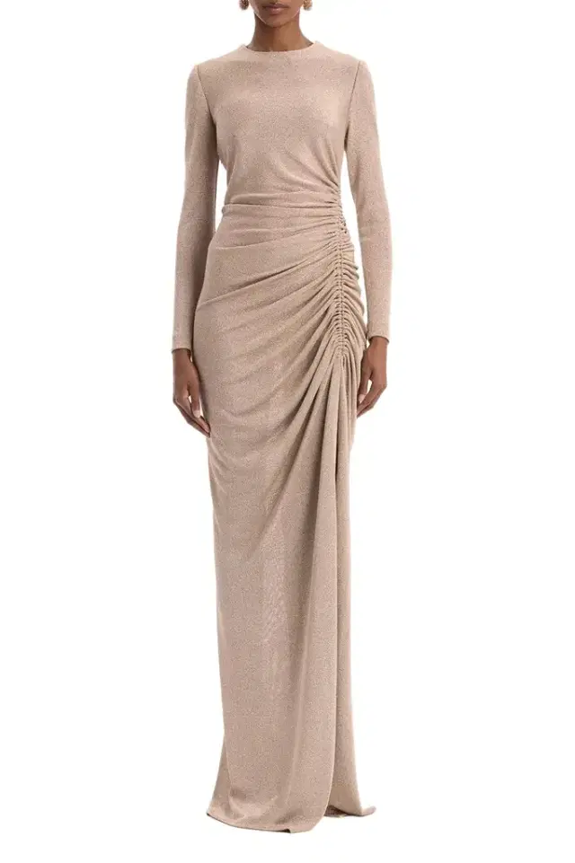 Long Sleeve Draped Metallic Gown