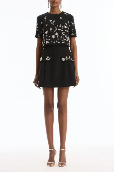 Oscar de la Renta Short Sleeve Crystal Flowers Embroidered Cocktail Dress | Thumbnail 2