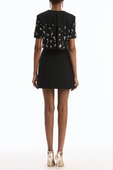 Oscar de la Renta Short Sleeve Crystal Flowers Embroidered Cocktail Dress | Thumbnail 3