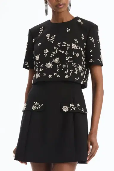 Oscar de la Renta Short Sleeve Crystal Flowers Embroidered Cocktail Dress | Thumbnail 4