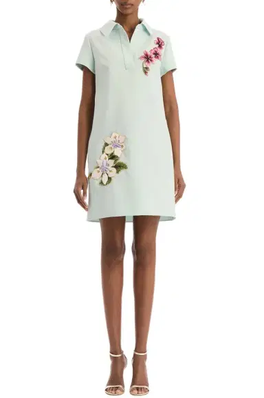 Oscar de la Renta Short Sleeve Embroidered Collared Day Dress | Thumbnail 1