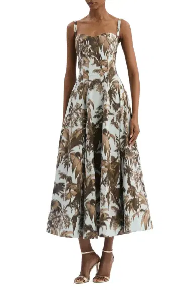 Oscar de la Renta Sleeveless Large Chine Palm Leaves Day Dress | Thumbnail 1