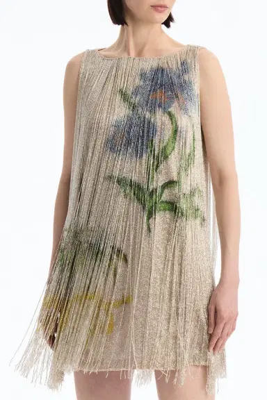 Oscar de la Renta Sleeveless Multi Color Fringe Cocktail Dress | Thumbnail 4
