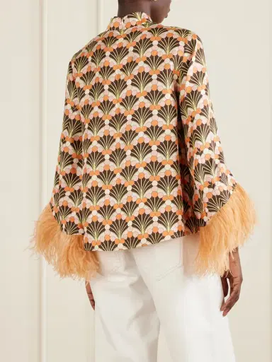 La DoubleJ Make An Exit Feather-trimmed Printed Silk-twill Top | Thumbnail 3 La DoubleJ Make An Exit Feather-trimmed Printed Silk-twill Top | Thumbnail 3