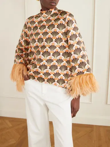 La DoubleJ Make An Exit Feather-trimmed Printed Silk-twill Top | Thumbnail 4 La DoubleJ Make An Exit Feather-trimmed Printed Silk-twill Top | Thumbnail 4