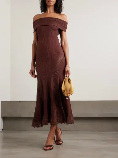Self-Portrait Off-the-shoulder Lace-trimmed Ribbed-knit Midi Dress | Thumbnail 2