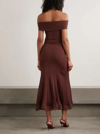 Self-Portrait Off-the-shoulder Lace-trimmed Ribbed-knit Midi Dress | Thumbnail 3