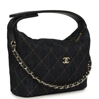 Chanel Chanel Mini Hobo Pouch with Chain Dark Blue Denim and Leather Light Gold Hardware | Thumbnail 2