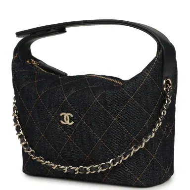 Chanel Chanel Mini Hobo Pouch with Chain Dark Blue Denim and Leather Light Gold Hardware | Thumbnail 3