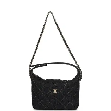 Chanel Chanel Mini Hobo Pouch with Chain Dark Blue Denim and Leather Light Gold Hardware | Thumbnail 8