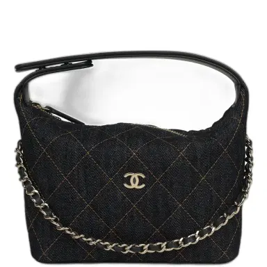 Chanel Chanel Mini Hobo Pouch with Chain Dark Blue Denim and Leather Light Gold Hardware | Thumbnail 1