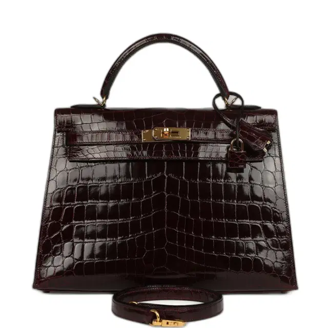 hermes Pre-owned Hermes Kelly Sellier 32 Bordeaux Shiny Niloticus Crocodile Gold Hardware