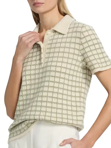 The Elder Statesman Women's Ida Checked Cashmere Polo Sweater - Moss Check | Thumbnail 6