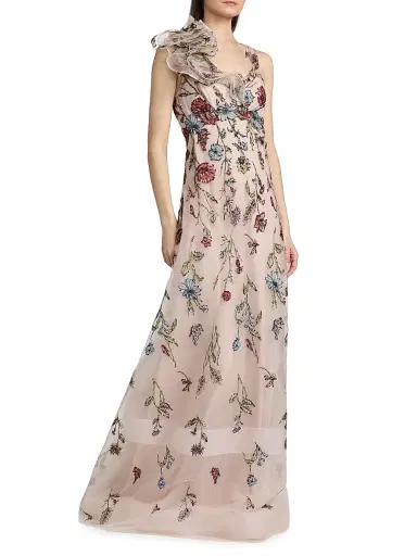 Teri Jon by Rickie Freeman Women's Embroidered Tulle Self Flower Gown - Blush Multi - Size 16 | Thumbnail 2