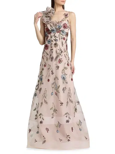 Teri Jon by Rickie Freeman Women's Embroidered Tulle Self Flower Gown - Blush Multi - Size 16 | Thumbnail 3