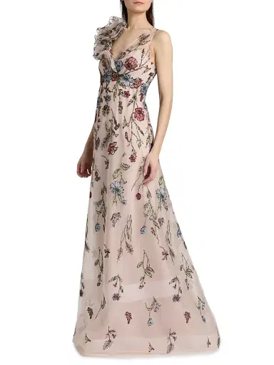 Teri Jon by Rickie Freeman Women's Embroidered Tulle Self Flower Gown - Blush Multi - Size 16 | Thumbnail 4