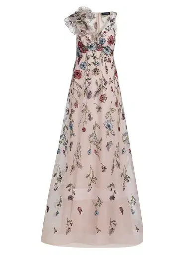 Teri Jon by Rickie Freeman Women's Embroidered Tulle Self Flower Gown - Blush Multi - Size 16 | Thumbnail 1