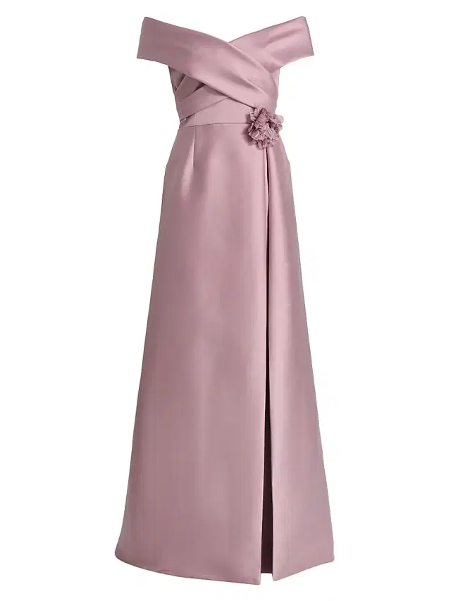 Teri Jon by Rickie Freeman Women's Mikado Lace Off-the-Shoulder Overlay Gown - Mauve