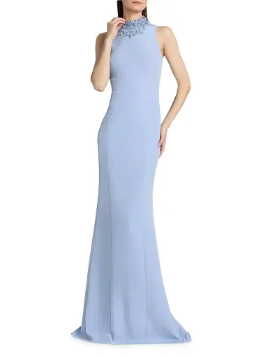 Teri Jon by Rickie Freeman Women's Crepe Beaded Neck Column Gown - Powder Blue - Size 18 | Thumbnail 2