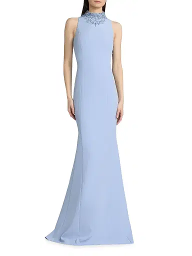 Teri Jon by Rickie Freeman Women's Crepe Beaded Neck Column Gown - Powder Blue - Size 18 | Thumbnail 3