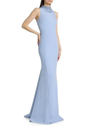 Teri Jon by Rickie Freeman Women's Crepe Beaded Neck Column Gown - Powder Blue - Size 18 | Thumbnail 4
